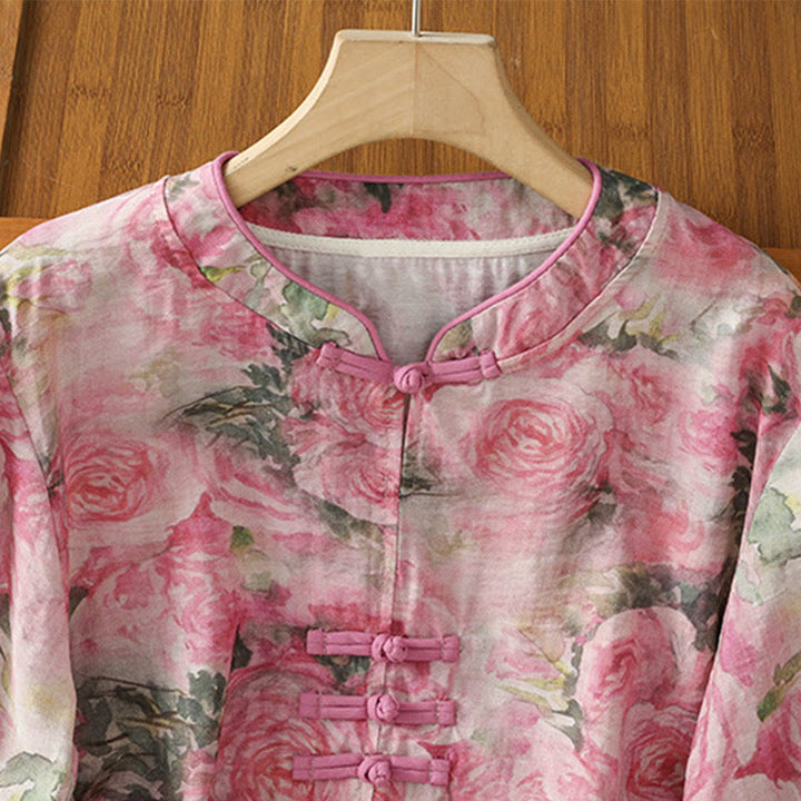 Buddha Stones Printing Floral Plain Chinese Frog-Button Women's Cotton Three Quarter Sleeve Shirt - image 8