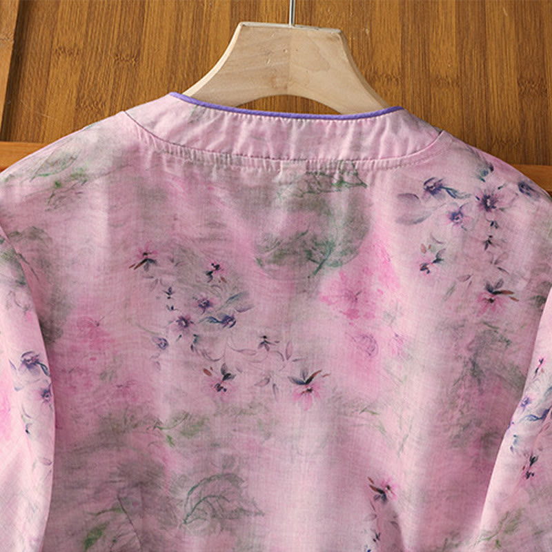 Buddha Stones Printing Floral Plain Chinese Frog-Button Women's Cotton Three Quarter Sleeve Shirt - image 18