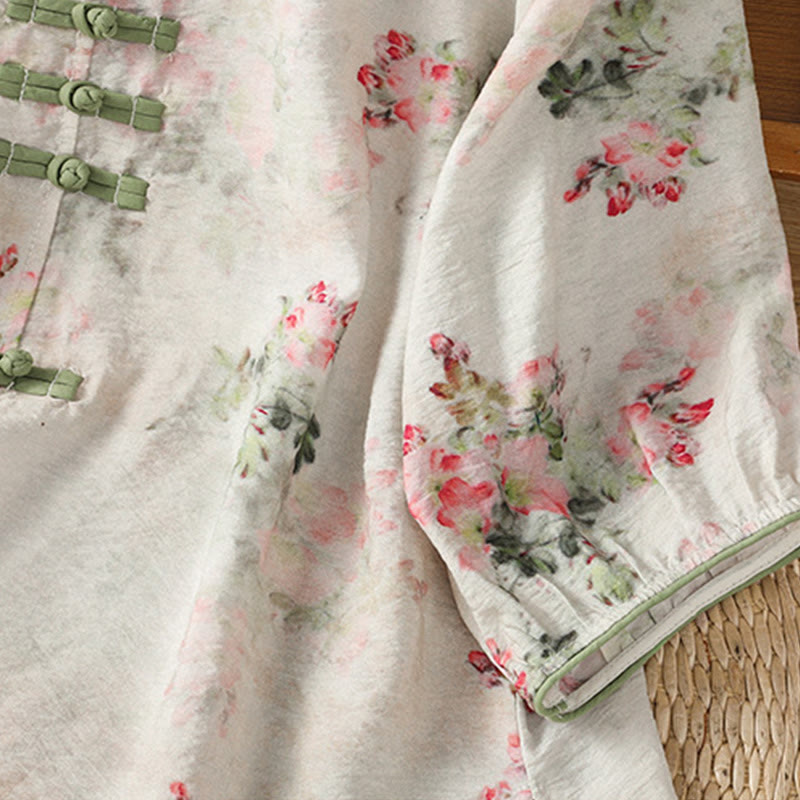 Buddha Stones Printing Floral Plain Chinese Frog-Button Women's Cotton Three Quarter Sleeve Shirt - image 4