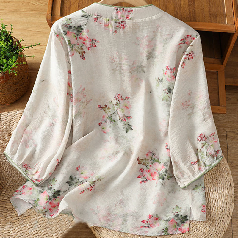 Buddha Stones Printing Floral Plain Chinese Frog-Button Women's Cotton Three Quarter Sleeve Shirt - image 1