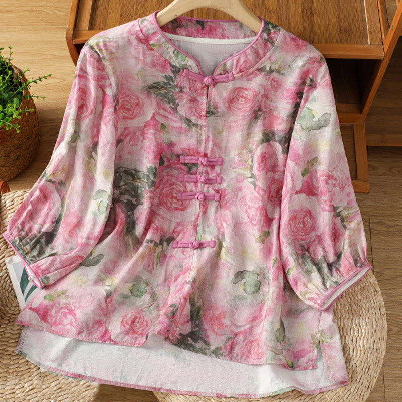 Buddha Stones Printing Floral Plain Chinese Frog-Button Women's Cotton Three Quarter Sleeve Shirt - HotPink - US12，UK/AU16，EU44 (2XL) - image 6
