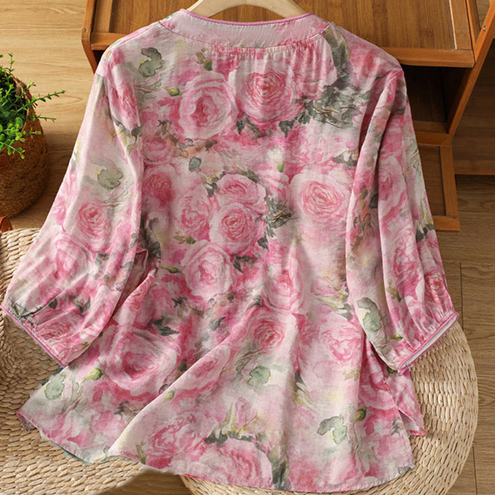 Buddha Stones Printing Floral Plain Chinese Frog-Button Women's Cotton Three Quarter Sleeve Shirt - image 7