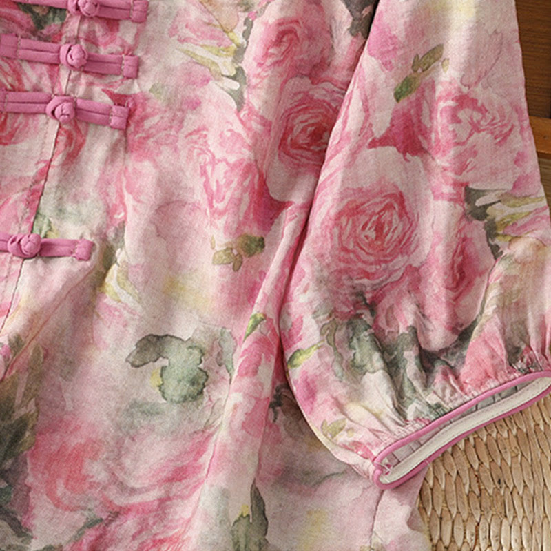 Buddha Stones Printing Floral Plain Chinese Frog-Button Women's Cotton Three Quarter Sleeve Shirt - image 11