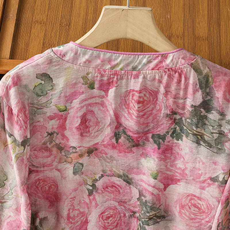 Buddha Stones Printing Floral Plain Chinese Frog-Button Women's Cotton Three Quarter Sleeve Shirt - image 9