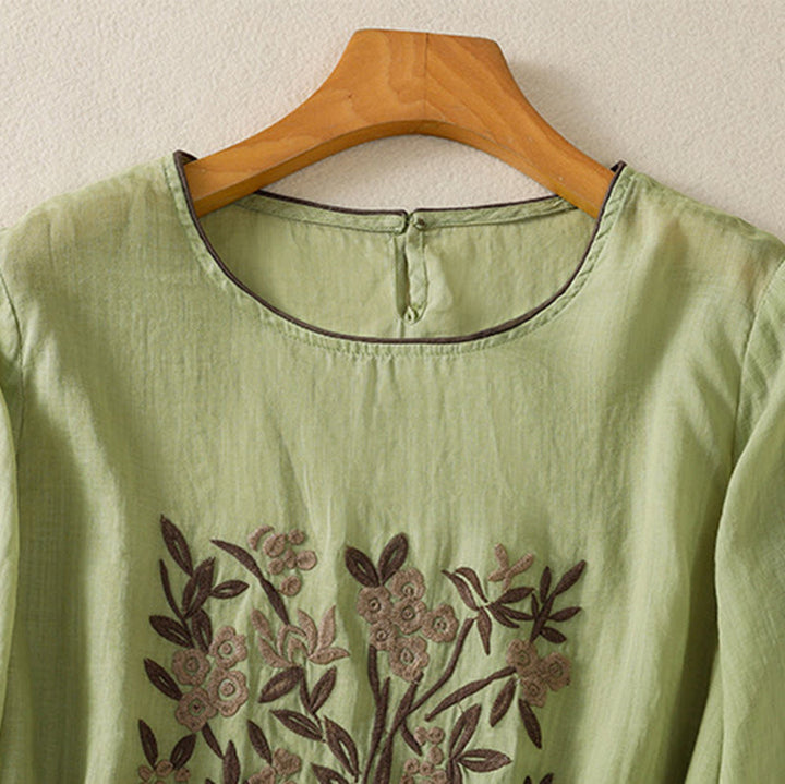 Buddha Stones Retro Embroidery Floral Three Quarter Sleeve Women's Cotton T-Shirt - image 19