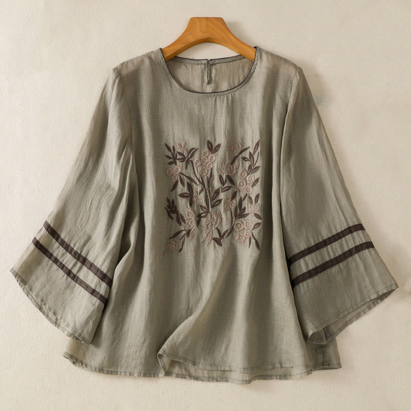 Buddha Stones Retro Embroidery Floral Three Quarter Sleeve Women's Cotton T-Shirt - DarkSeaGreen - US14，UK/AU18，EU46 (2XL) - image 9