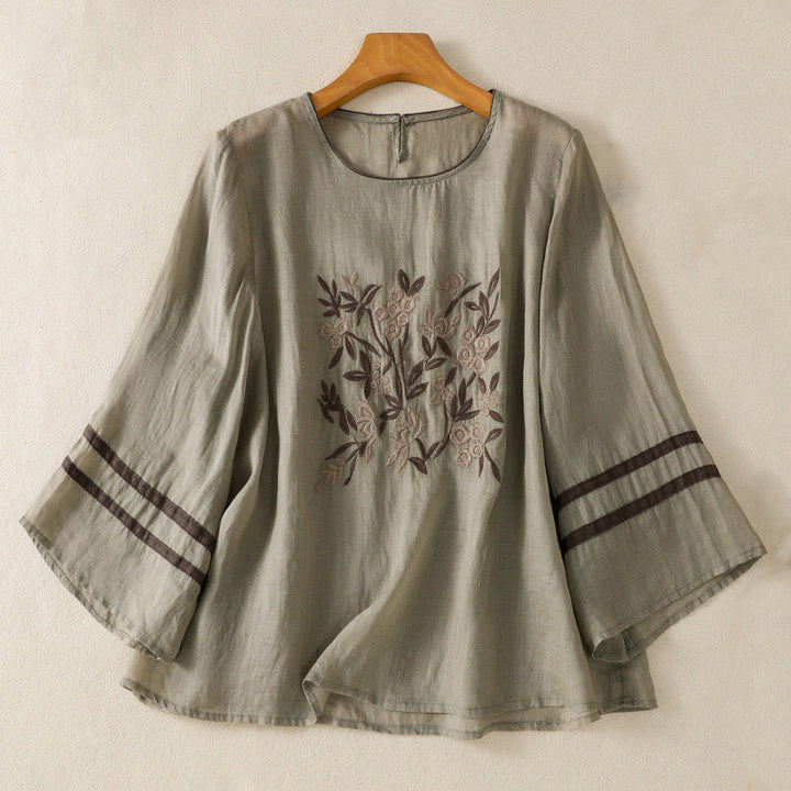 Buddha Stones Retro Embroidery Floral Three Quarter Sleeve Women's Cotton T-Shirt - DarkSeaGreen - US14，UK/AU18，EU46 (2XL) - image 9