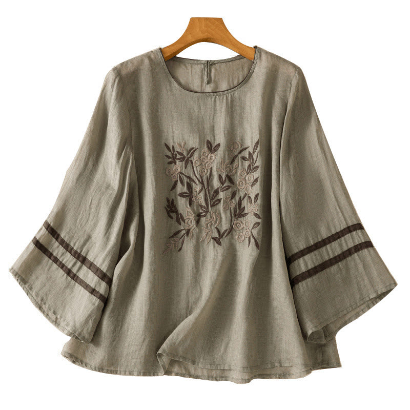 Buddha Stones Retro Embroidery Floral Three Quarter Sleeve Women's Cotton T-Shirt - image 16