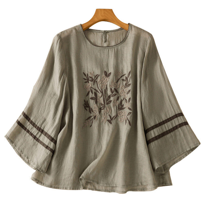 Buddha Stones Retro Embroidery Floral Three Quarter Sleeve Women's Cotton T-Shirt - image 16