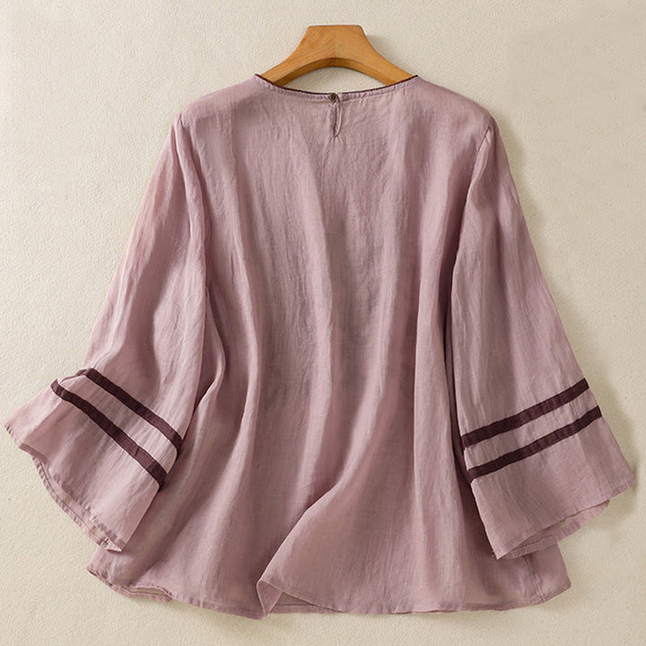Buddha Stones Retro Embroidery Floral Three Quarter Sleeve Women's Cotton T-Shirt - image 25