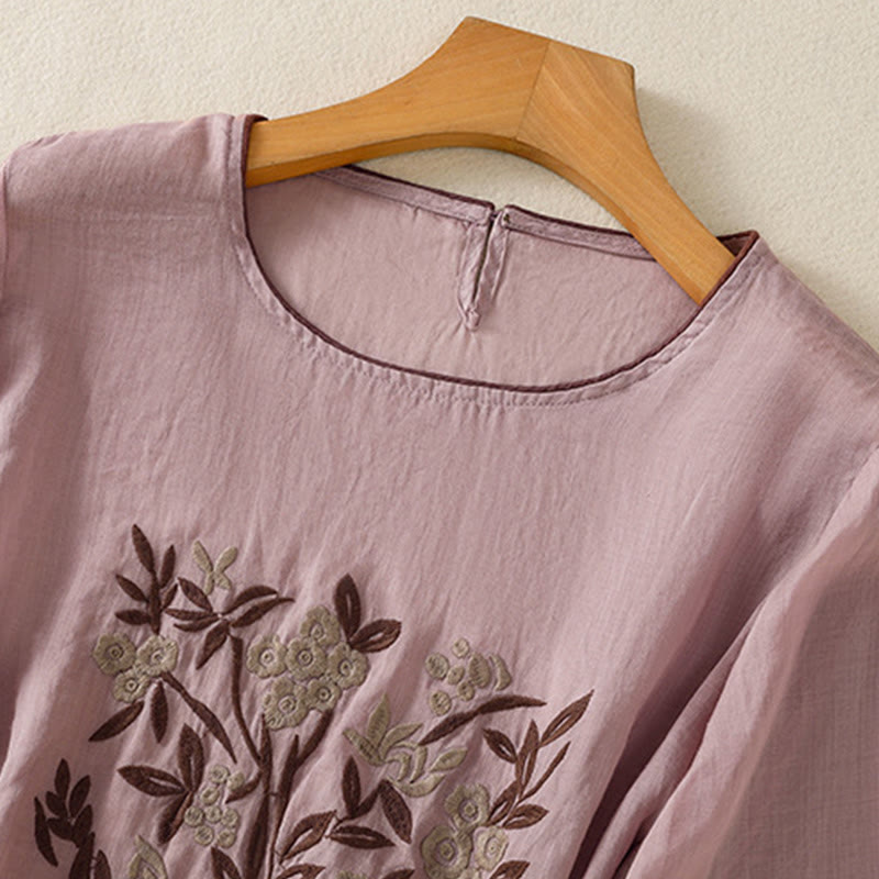 Buddha Stones Retro Embroidery Floral Three Quarter Sleeve Women's Cotton T-Shirt - image 26