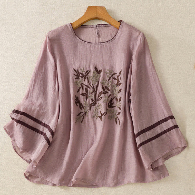 Buddha Stones Retro Embroidery Floral Three Quarter Sleeve Women's Cotton T-Shirt - RosyBrown - US14，UK/AU18，EU46 (2XL) - image 24
