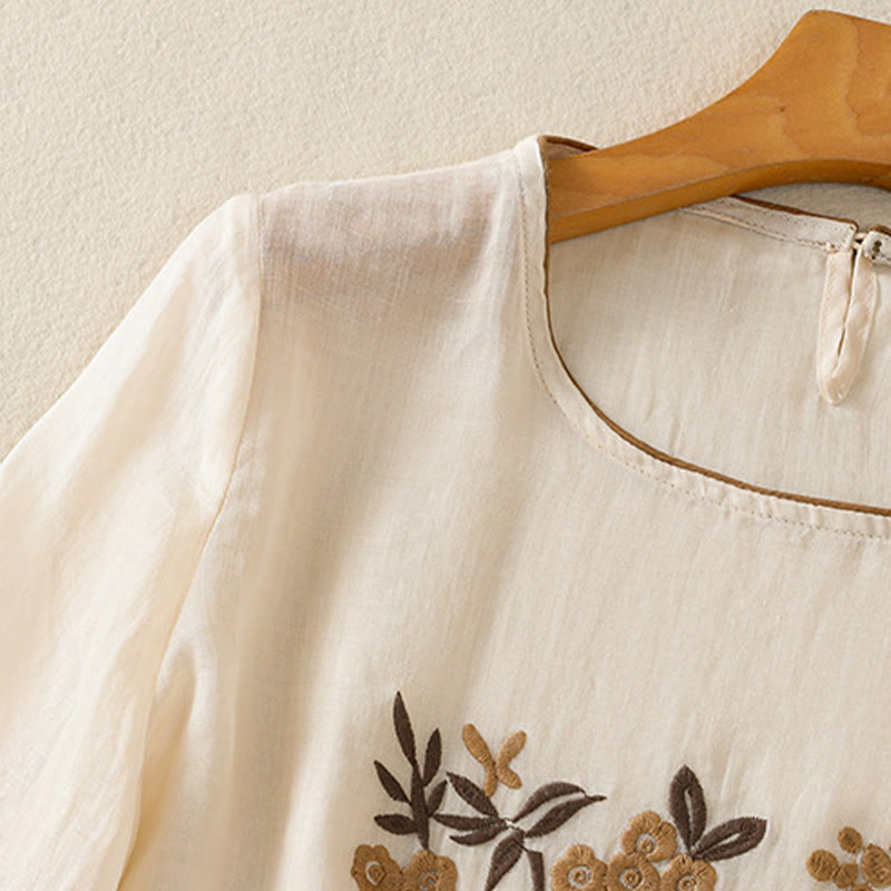 Buddha Stones Retro Embroidery Floral Three Quarter Sleeve Women's Cotton T-Shirt - image 4