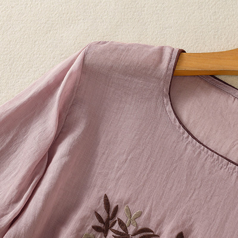 Buddha Stones Retro Embroidery Floral Three Quarter Sleeve Women's Cotton T-Shirt - image 27
