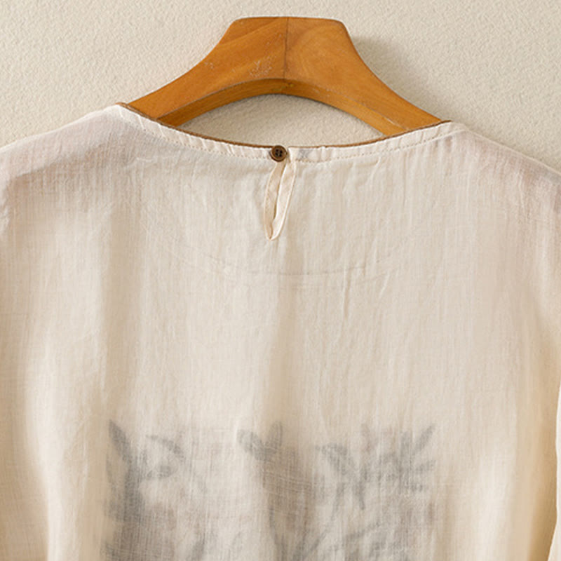 Buddha Stones Retro Embroidery Floral Three Quarter Sleeve Women's Cotton T-Shirt - image 5