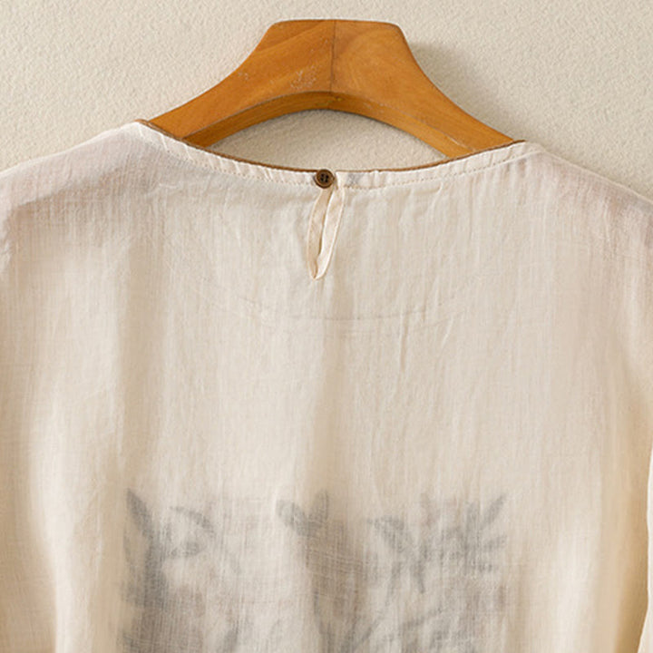 Buddha Stones Retro Embroidery Floral Three Quarter Sleeve Women's Cotton T-Shirt - image 5