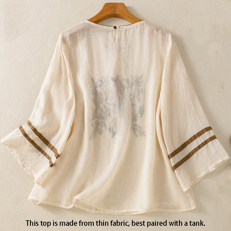 Buddha Stones Retro Embroidery Floral Three Quarter Sleeve Women's Cotton T-Shirt - image 2