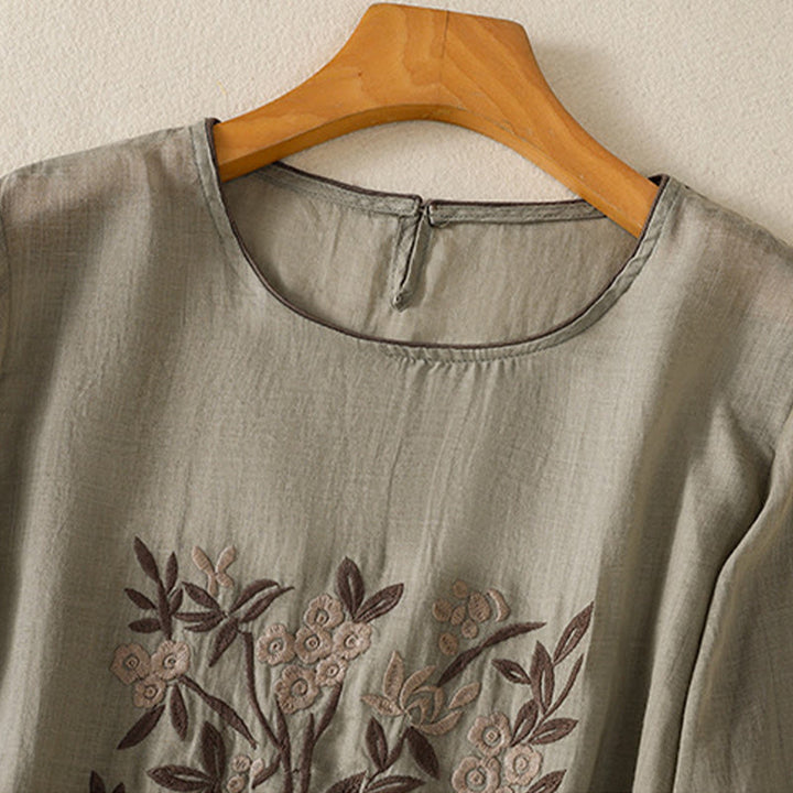 Buddha Stones Retro Embroidery Floral Three Quarter Sleeve Women's Cotton T-Shirt - image 11