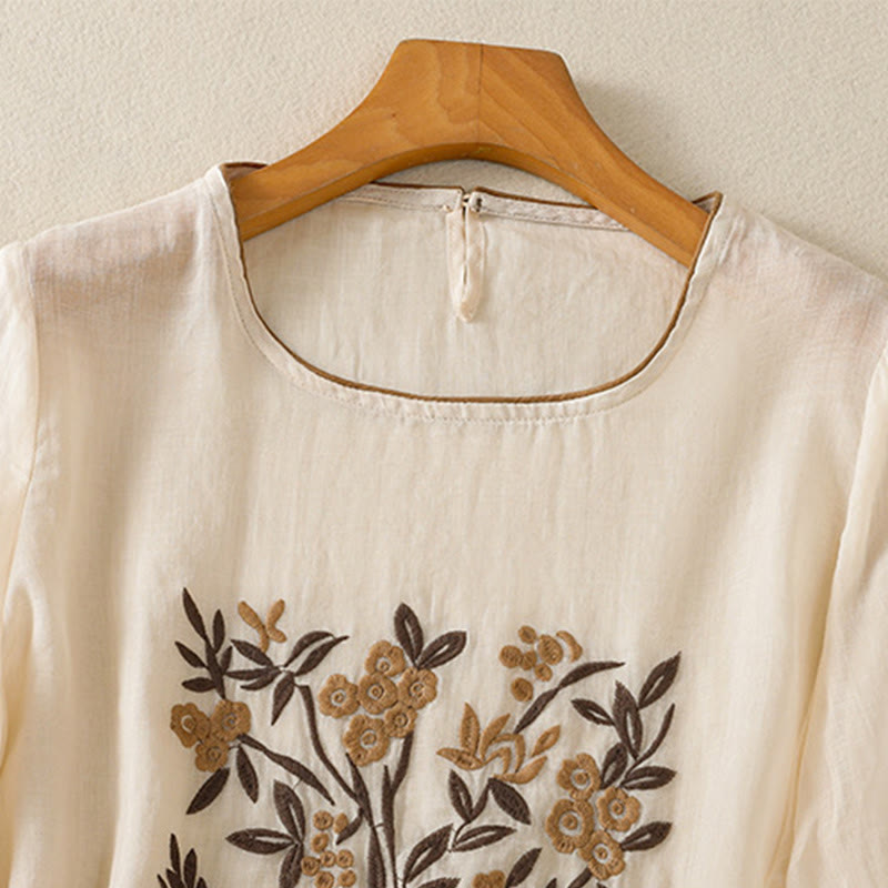 Buddha Stones Retro Embroidery Floral Three Quarter Sleeve Women's T-Shirt - image 2