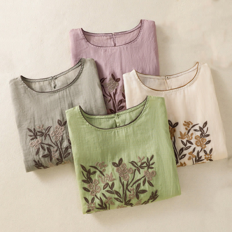 Buddha Stones Retro Embroidery Floral Three Quarter Sleeve Women's Cotton T-Shirt - image 33