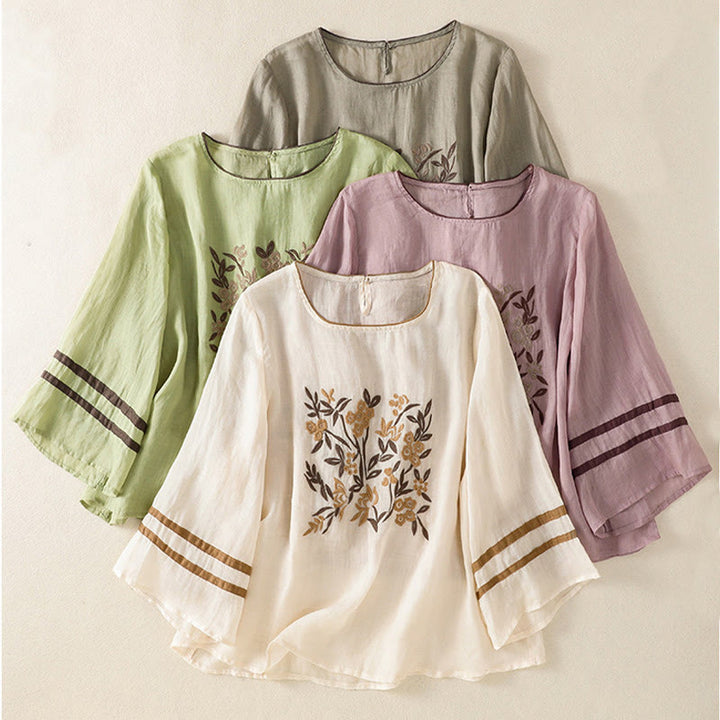 Buddha Stones Retro Embroidery Floral Three Quarter Sleeve Women's Cotton T-Shirt - image 32