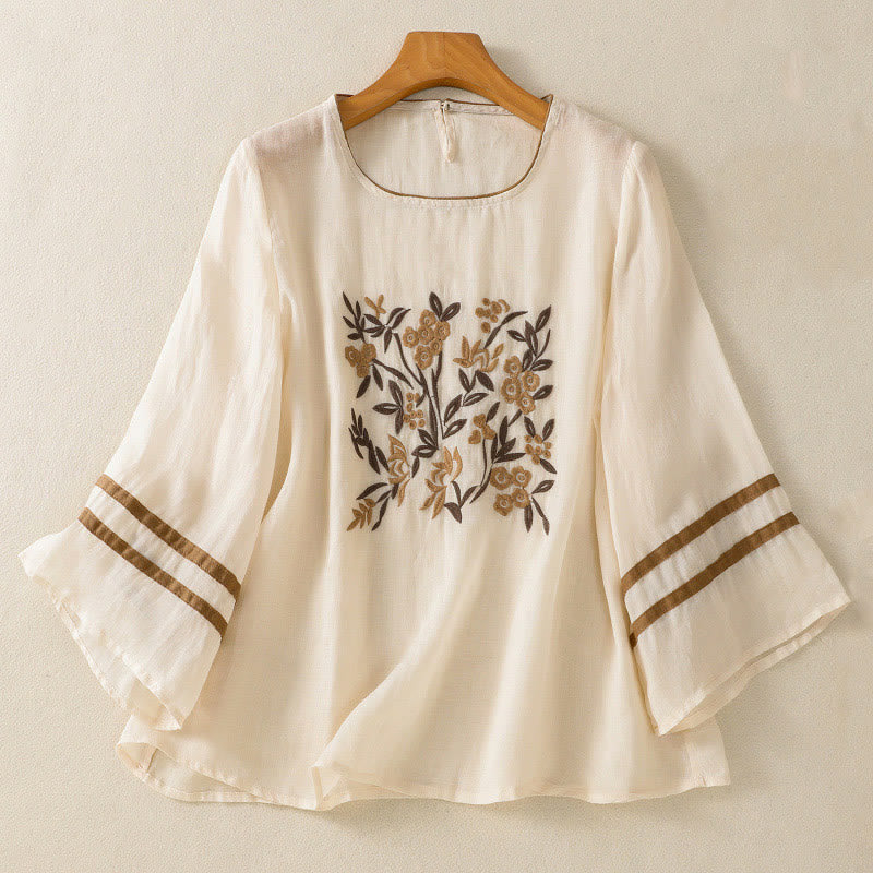 Buddha Stones Retro Embroidery Floral Three Quarter Sleeve Women's Cotton T-Shirt - Beige - US14，UK/AU18，EU46 (2XL) - image 0