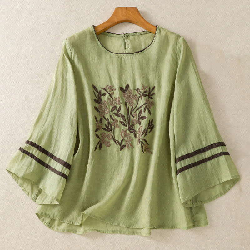 Buddha Stones Retro Embroidery Floral Three Quarter Sleeve Women's Cotton T-Shirt - LightGreen - US14，UK/AU18，EU46 (2XL) - image 17