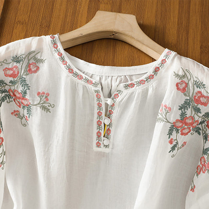 Buddha Stones Embroidery Button Three Quarter Sleeve Notched Neck Women's Cotton Shirt - image 18