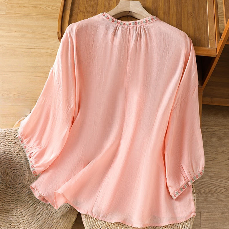 Buddha Stones Embroidery Button Three Quarter Sleeve Notched Neck Women's Cotton Shirt - image 8