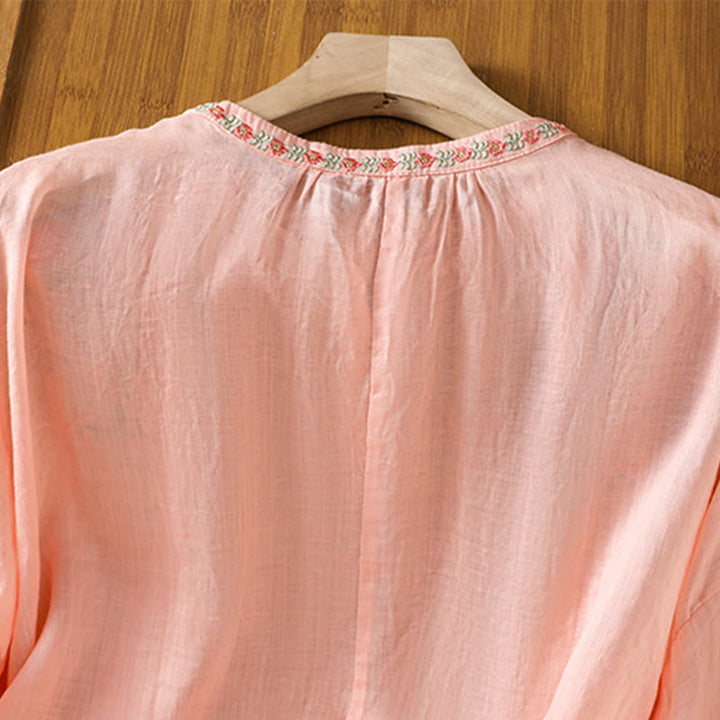 Buddha Stones Embroidery Button Three Quarter Sleeve Notched Neck Women's Cotton Shirt - image 12