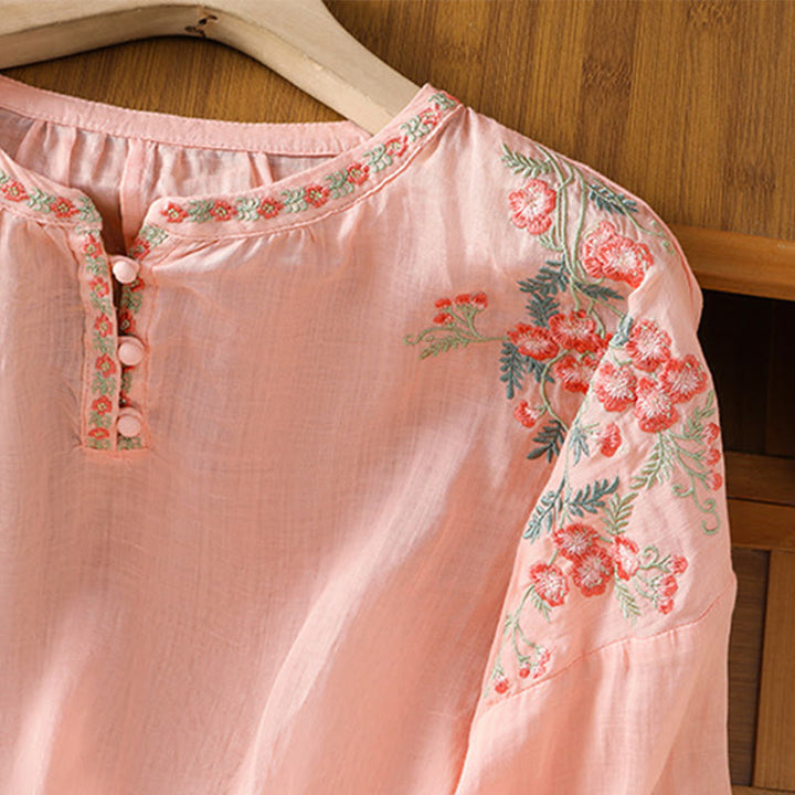 Buddha Stones Embroidery Button Three Quarter Sleeve Notched Neck Women's Cotton Shirt - image 10