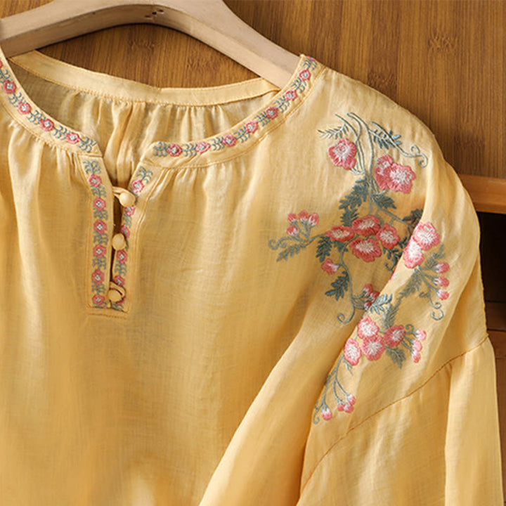 Buddha Stones Embroidery Button Three Quarter Sleeve Notched Neck Women's Cotton Shirt - image 4