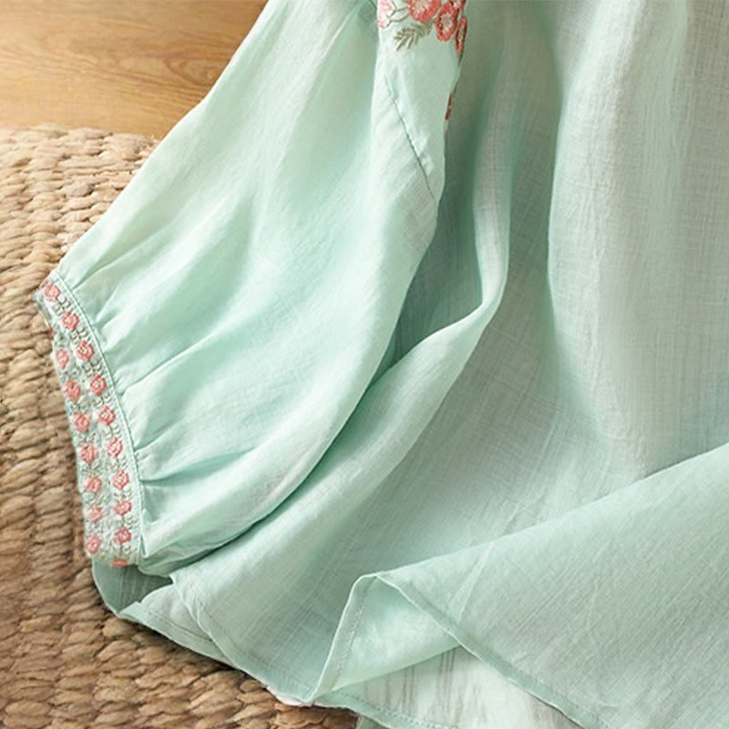 Buddha Stones Embroidery Button Three Quarter Sleeve Notched Neck Women's Cotton Shirt - image 30