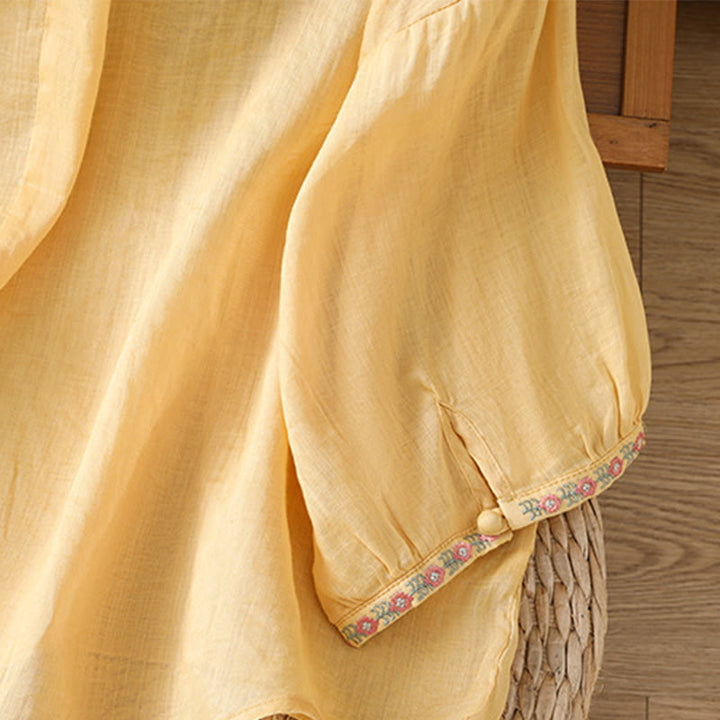 Buddha Stones Embroidery Button Three Quarter Sleeve Notched Neck Women's Cotton Shirt - image 5