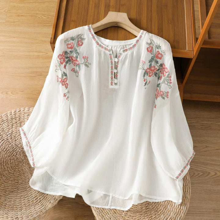 Buddha Stones Embroidery Button Three Quarter Sleeve Notched Neck Women's Cotton Shirt - White - US12，UK/AU16，EU44 (2XL) - image 15