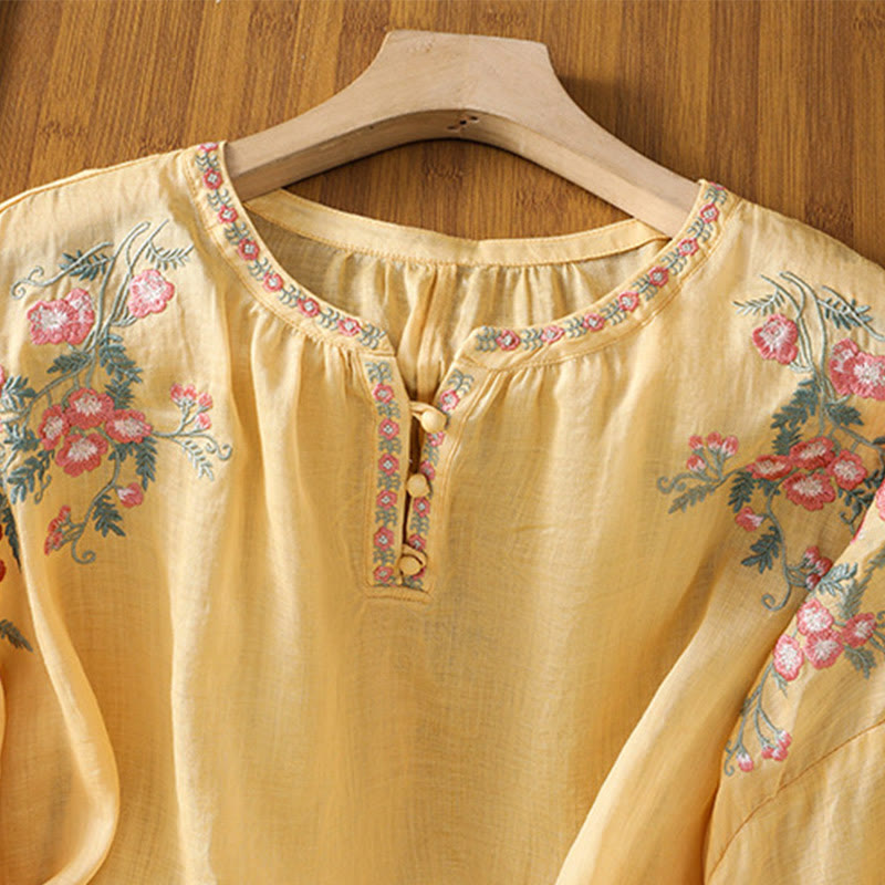Buddha Stones Embroidery Button Three Quarter Sleeve Notched Neck Women's Cotton Shirt - image 2