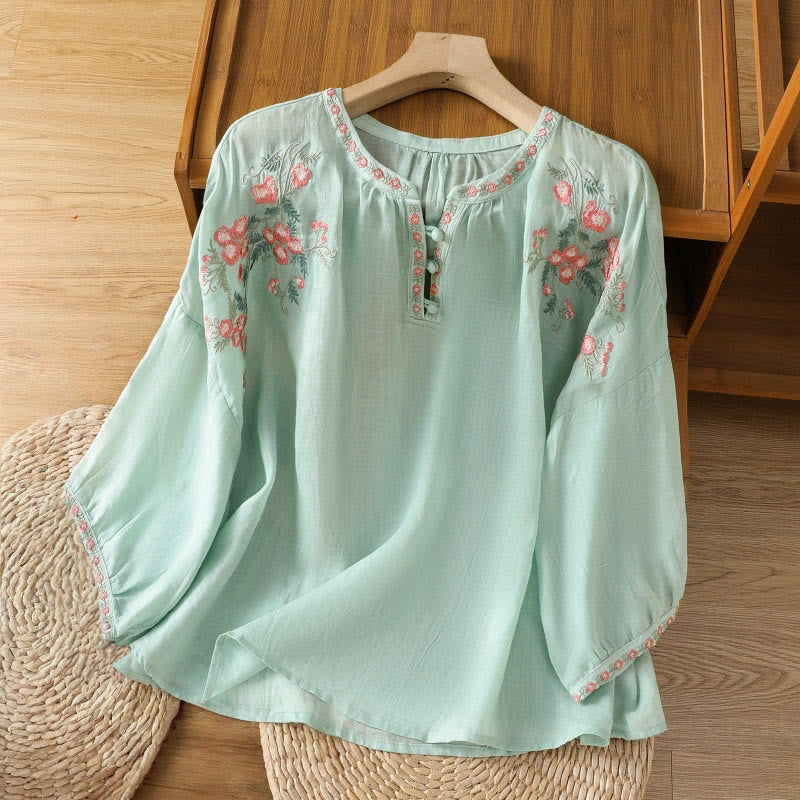 Buddha Stones Embroidery Button Three Quarter Sleeve Notched Neck Women's Cotton Shirt - Aquamarine - US12，UK/AU16，EU44 (2XL) - image 24