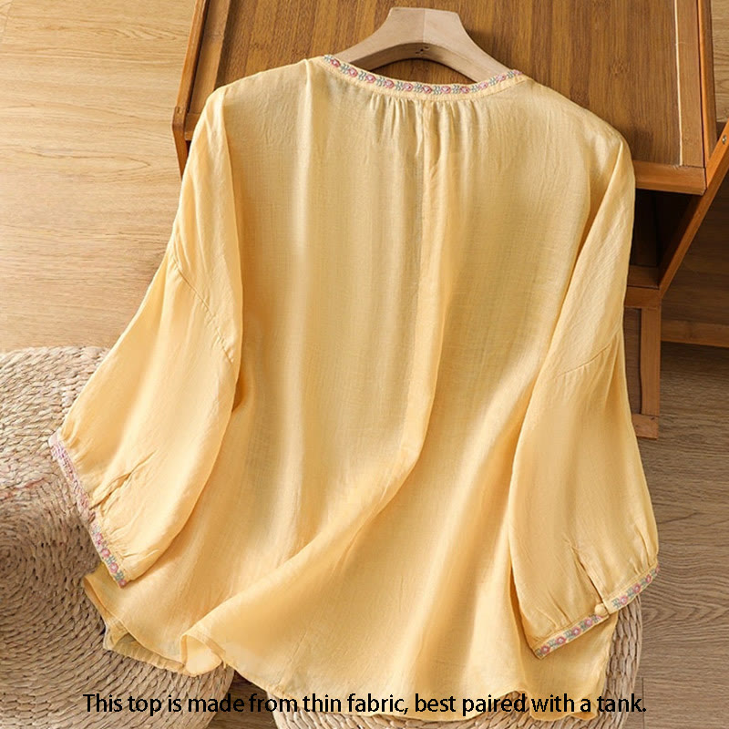 Buddha Stones Embroidery Button Three Quarter Sleeve Notched Neck Women's Cotton Shirt - image 1