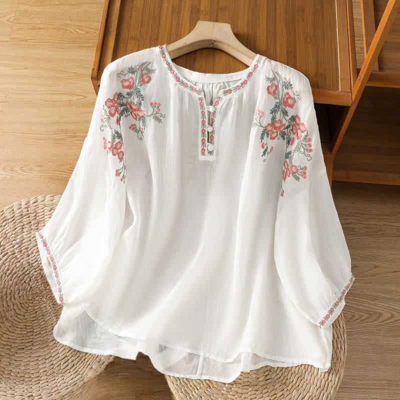 Buddha Stones Embroidery Button Three Quarter Sleeve Notched Neck Women's Cotton Shirt - White - US12，UK/AU16，EU44 (2XL) - image 16