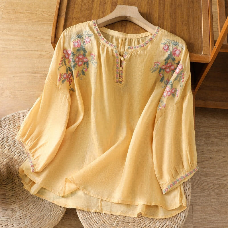 Buddha Stones Embroidery Button Three Quarter Sleeve Notched Neck Women's Cotton Shirt - Gold - US12，UK/AU16，EU44 (2XL) - image 1