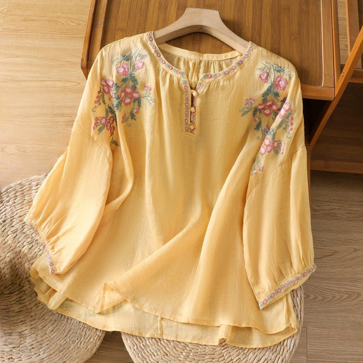 Buddha Stones Embroidery Button Three Quarter Sleeve Notched Neck Women's Cotton Shirt - Gold - US12，UK/AU16，EU44 (2XL) - image 1