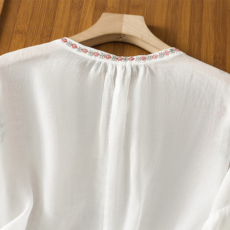 Buddha Stones Embroidery Button Three Quarter Sleeve Notched Neck Women's Cotton Shirt - image 20