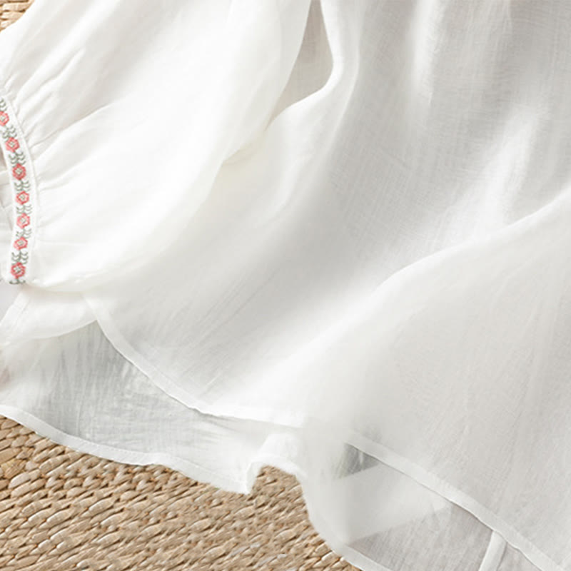 Buddha Stones Embroidery Button Three Quarter Sleeve Notched Neck Women's Cotton Shirt - image 23