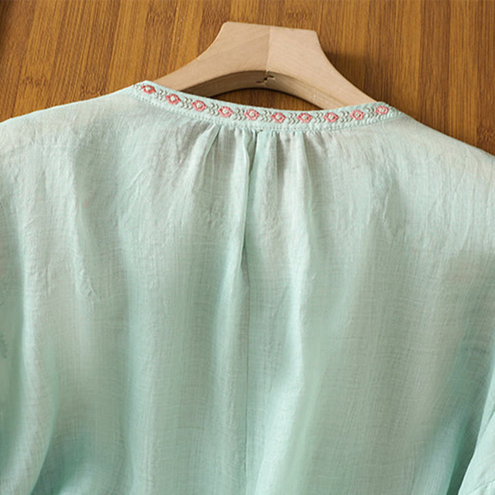 Buddha Stones Embroidery Button Three Quarter Sleeve Notched Neck Women's Cotton Shirt - image 28