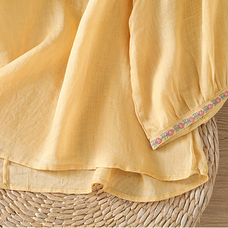 Buddha Stones Embroidery Button Three Quarter Sleeve Notched Neck Women's Cotton Shirt - image 7
