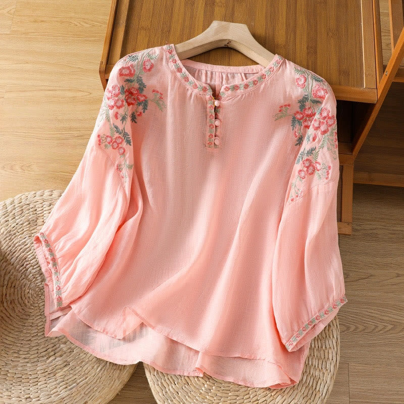 Buddha Stones Embroidery Button Three Quarter Sleeve Notched Neck Women's Cotton Shirt - LightSalmon - US12，UK/AU16，EU44 (2XL) - image 8