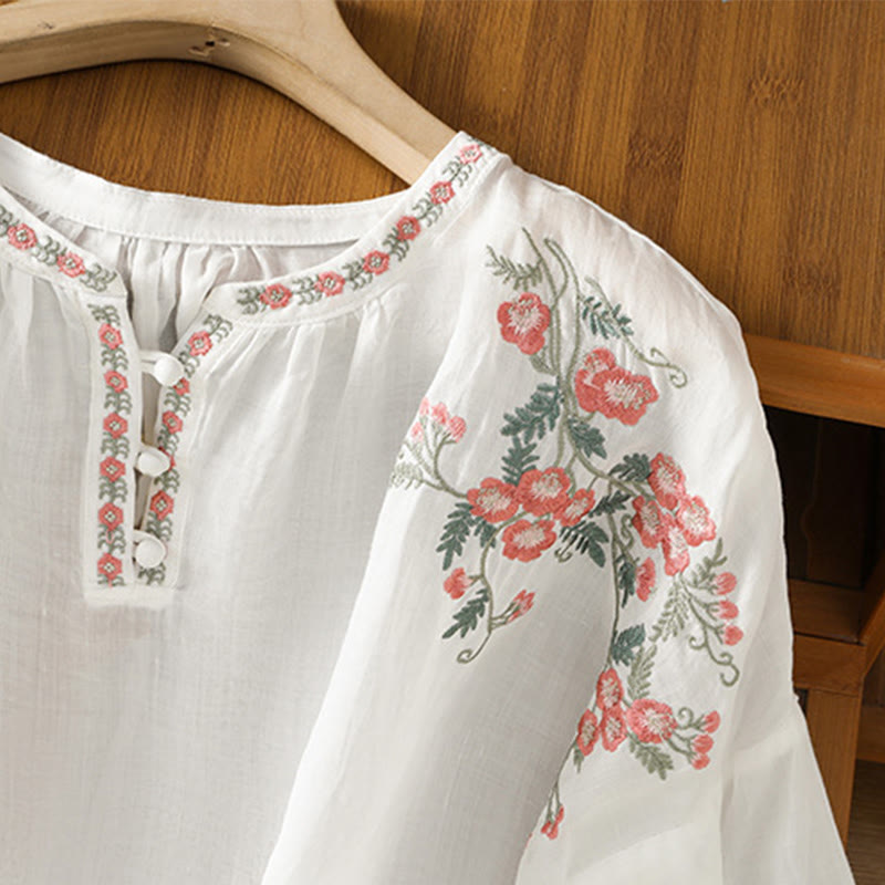 Buddha Stones Embroidery Button Three Quarter Sleeve Notched Neck Women's Cotton Shirt - image 19