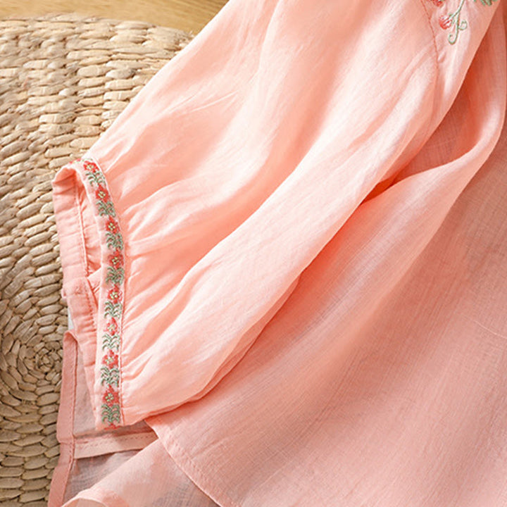 Buddha Stones Embroidery Button Three Quarter Sleeve Notched Neck Women's Cotton Shirt - image 13