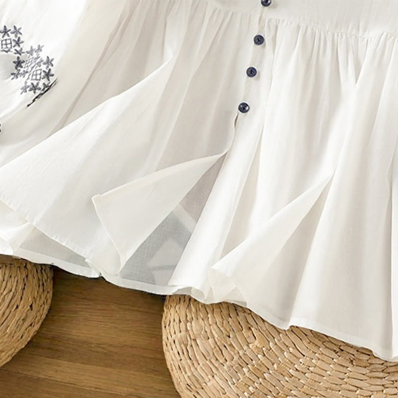 Buddha Stones Embroidery Pleated Buttons Long Lantern Sleeve Women's Cotton Shirt - image 9