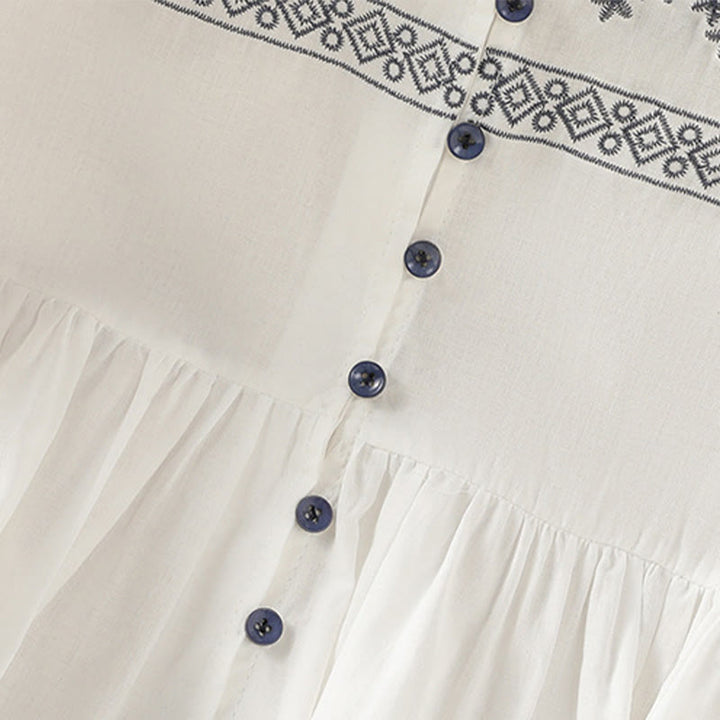 Buddha Stones Embroidery Pleated Buttons Long Lantern Sleeve Women's Cotton Shirt - image 6